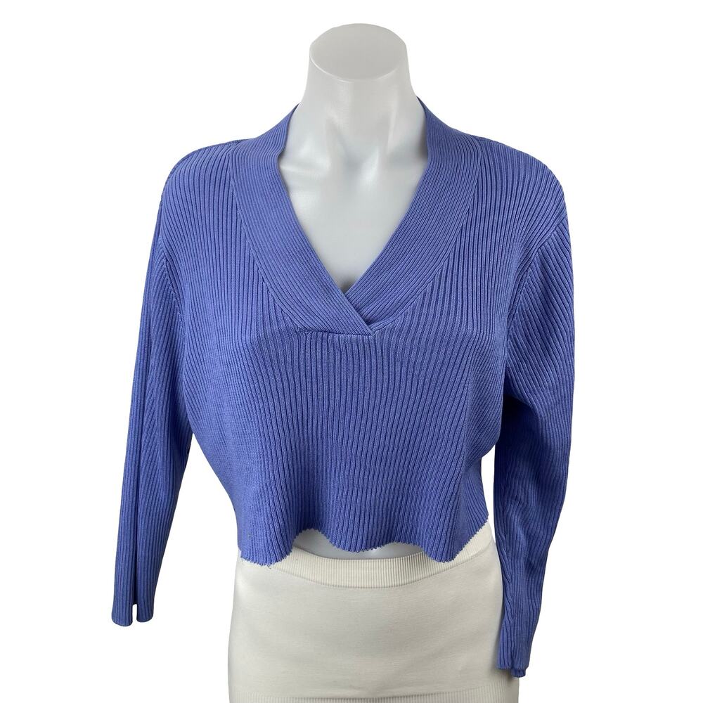 Croft & Barrow Blue Ribbed Knit V Neck Long Sleeve Crop Cardigan Sweater Top L